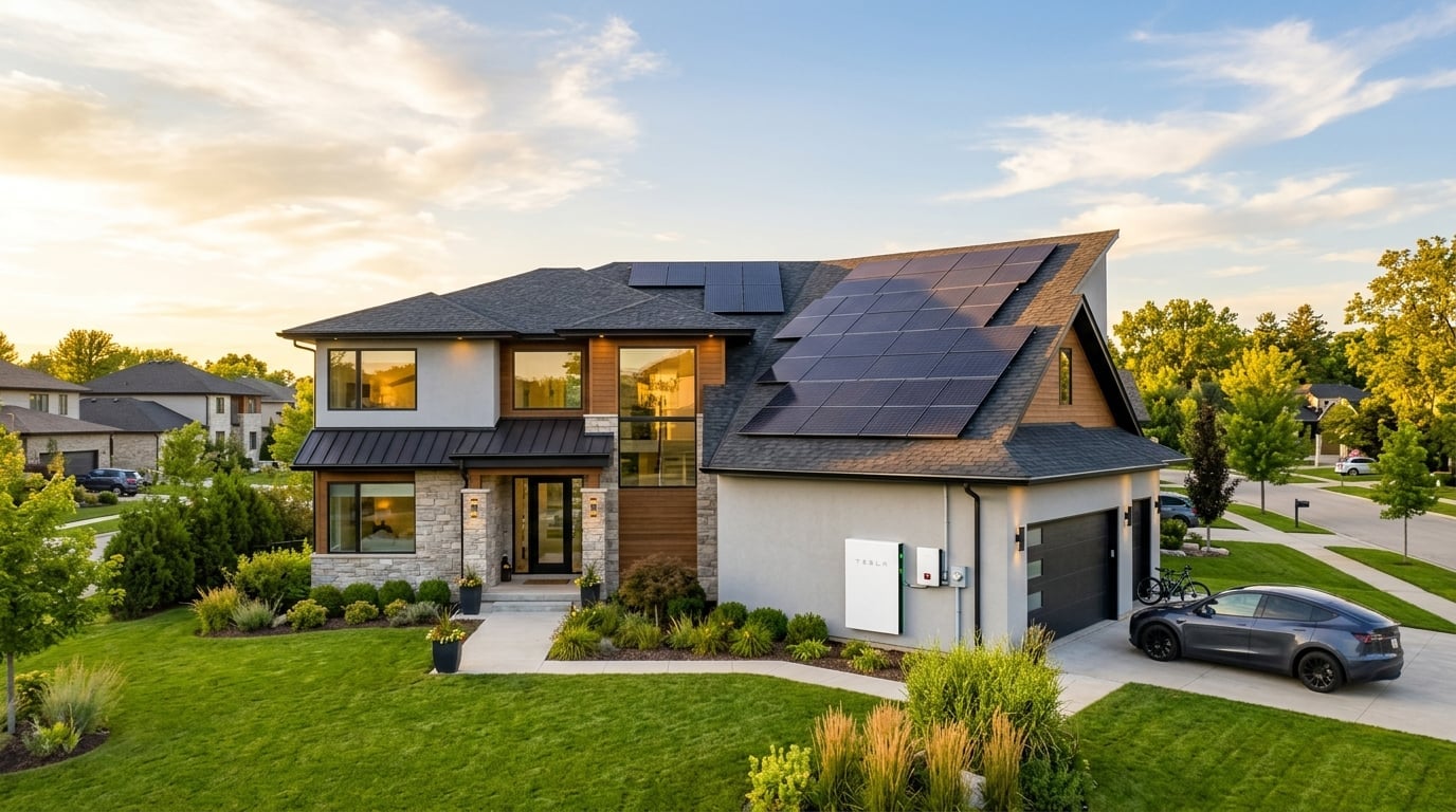 Modern home with Sunrun solar panels and battery storage